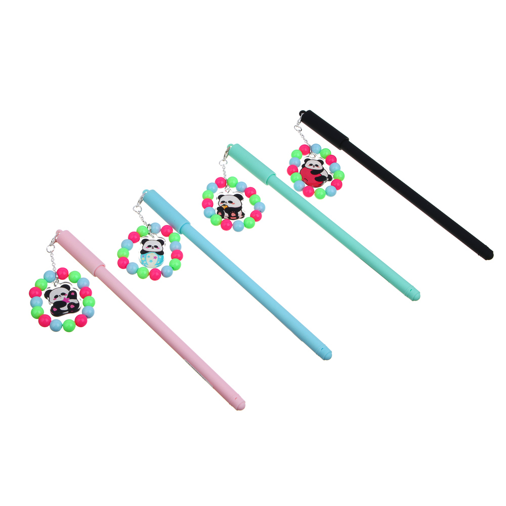 Ручка гелевая черная, с браслетом и фигуркой панды, 4 дизайна, арт.№ 591-265