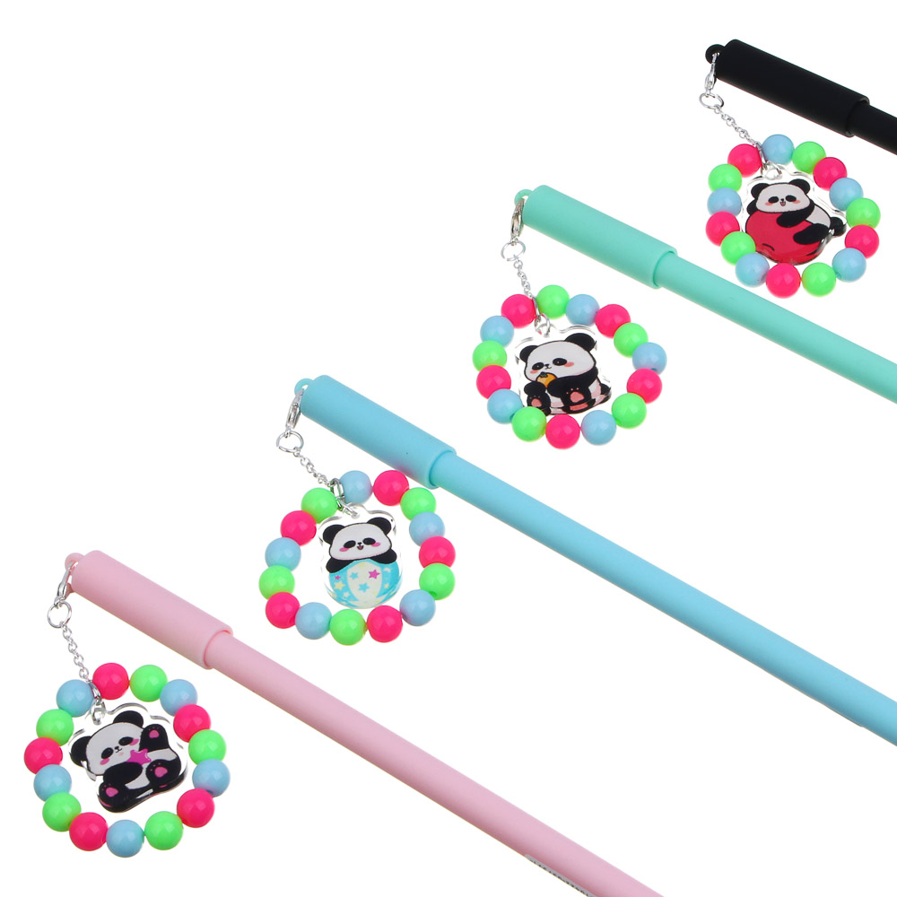 Ручка гелевая черная, с браслетом и фигуркой панды, 4 дизайна, арт.№ 591-265