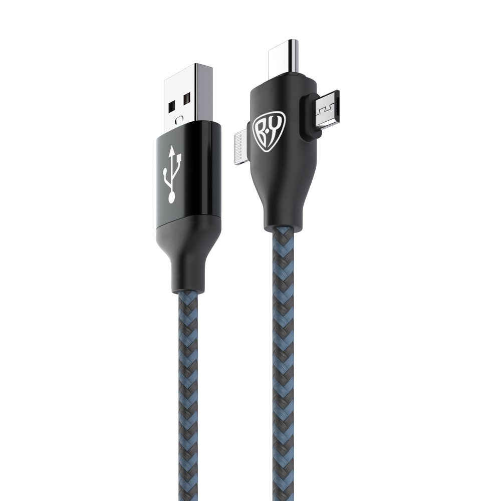 BY Кабель для зарядки 3 в 1 iP/Micro USB /Type-C, 1м, 2А, тканевая оплетка, чёрный