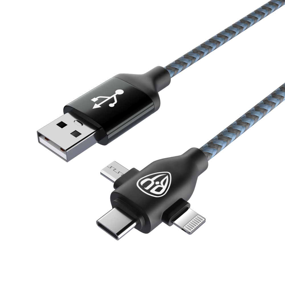 BY Кабель для зарядки 3 в 1 iP/Micro USB /Type-C, 1м, 2А, тканевая оплетка,  чёрный арт. 470-045 купить в г. Екатеринбург - MPR-SHOP.RU