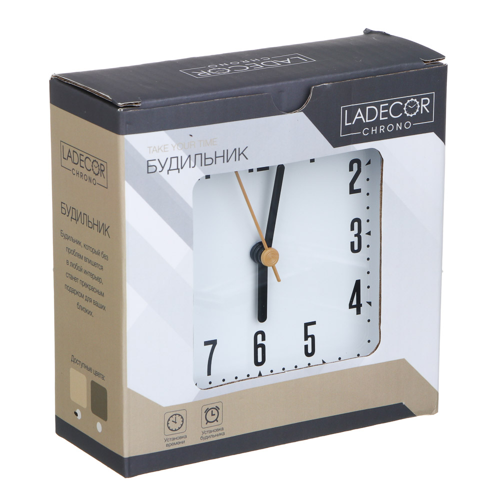 LADECOR CHRONO Будильник, 10,9x10,9x4 см, пластик, 1хАА, 2 дизайна, арт.№ 529-321
