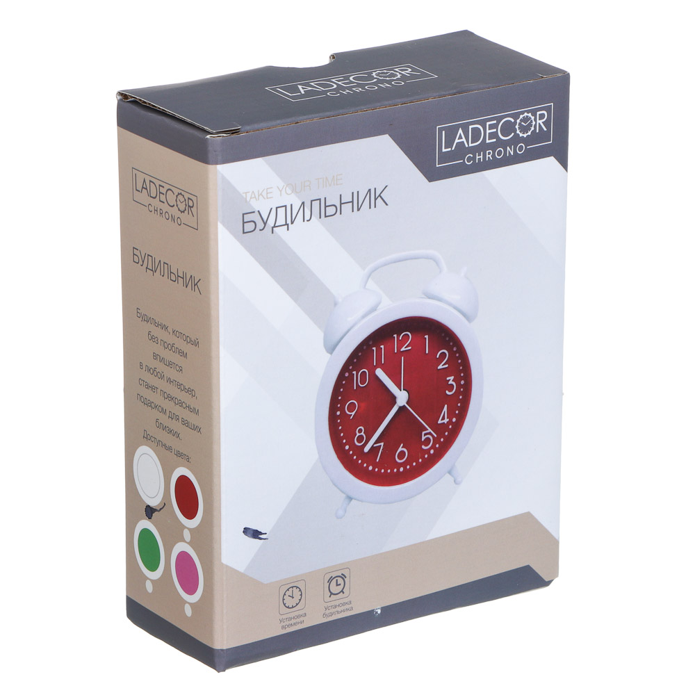 LADECOR CHRONO Будильник, 9,4x4,1x13,5 см, пластик, 1хАА, 4 дизайна, арт.№ 529-325
