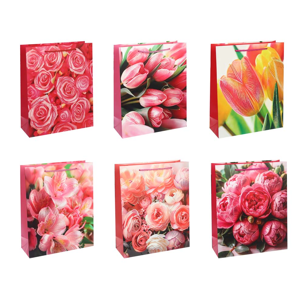 Пакет подарочный бумажный тм LADECOR, L 26x32x10 см, "Цветы" арт 1, 6 дизайнов, арт.№ 507-479