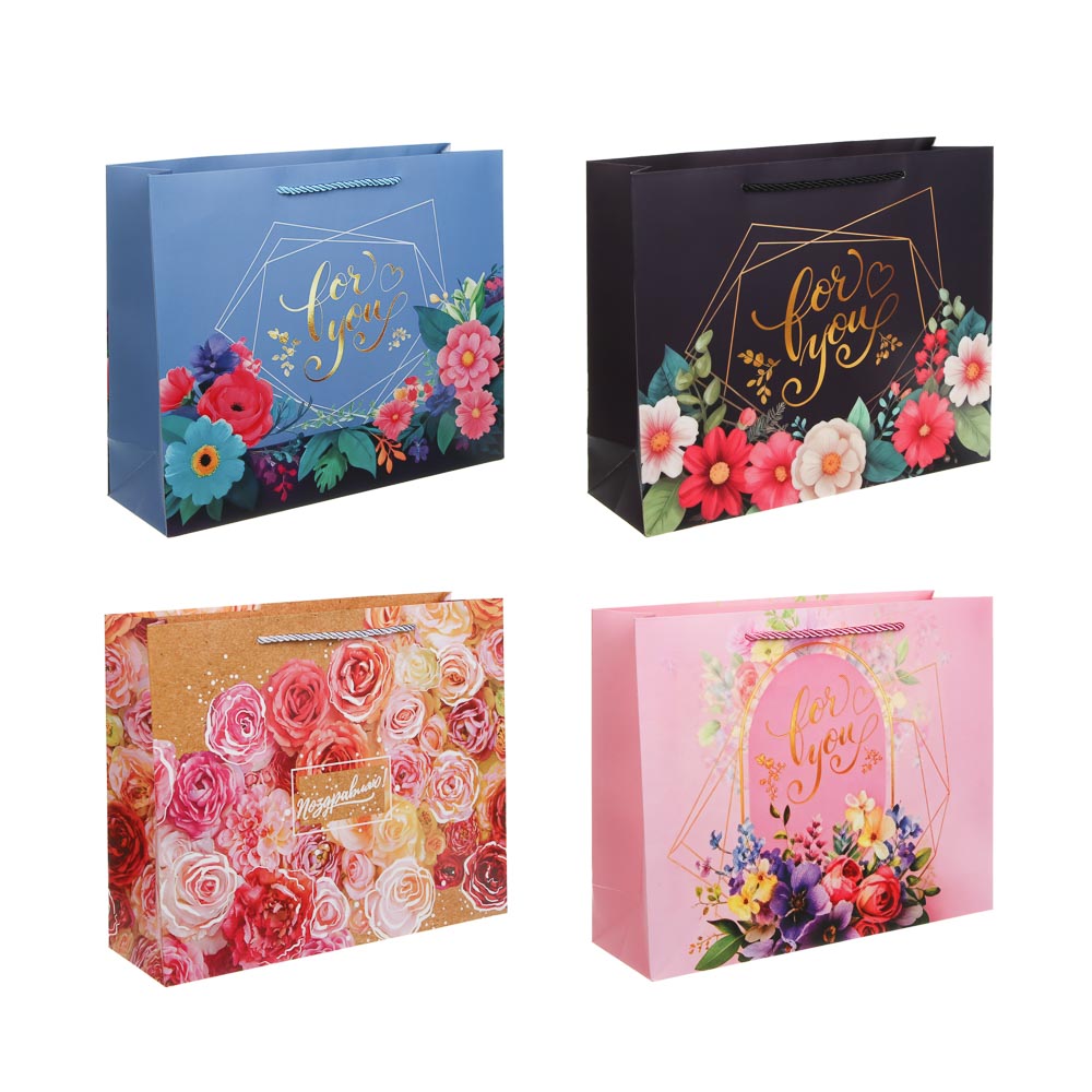 Пакет подарочный бумажный тм LADECOR 32*26*10 см, "Цветы" арт 1, 4 дизайна, арт.№ 507-482