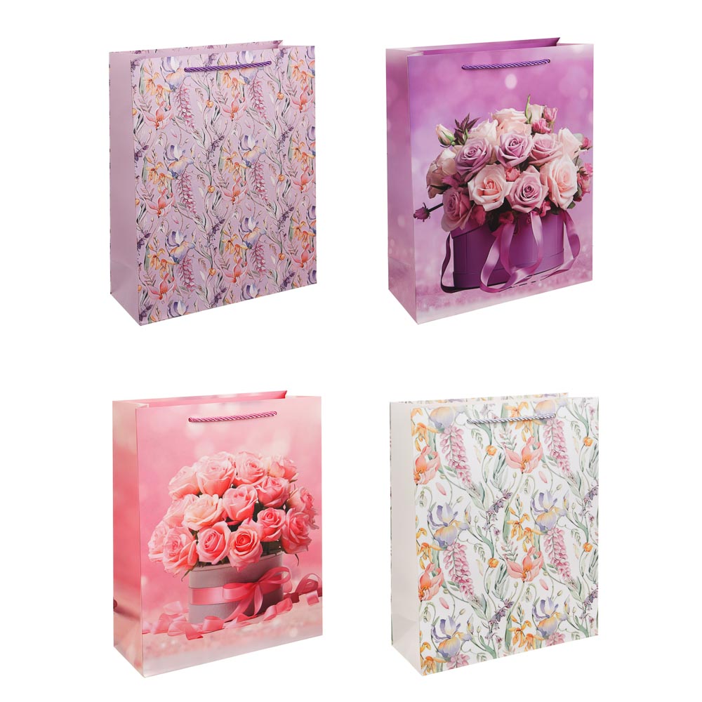 Пакет подарочный бумажный тм LADECOR, L 26x32x10 см, "Цветы" арт 2, 4 дизайна, арт.№ 507-483
