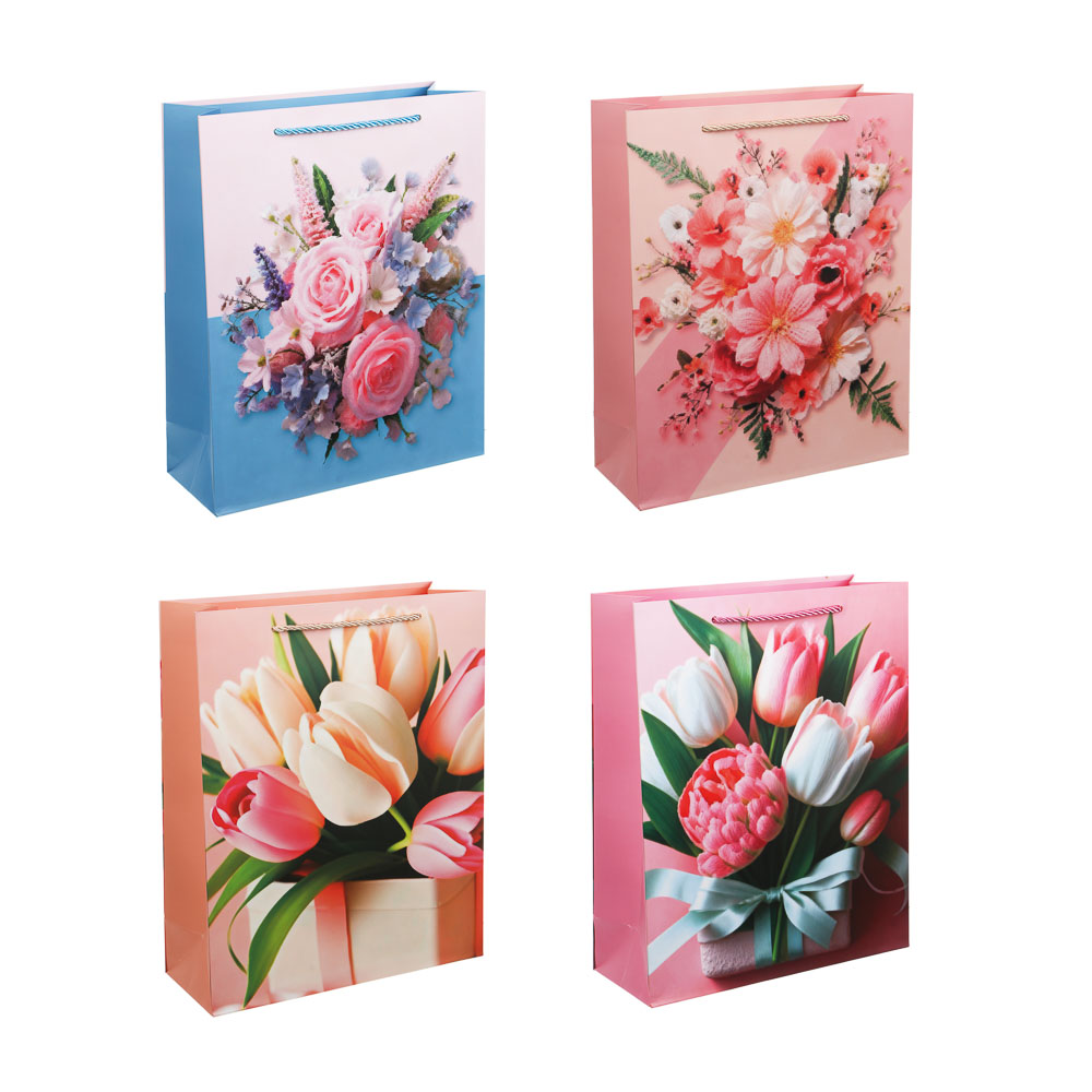 Пакет подарочный бумажный тм LADECOR, L 26x32x10 см, "Цветы" арт 3, 4 дизайна, арт.№ 507-484