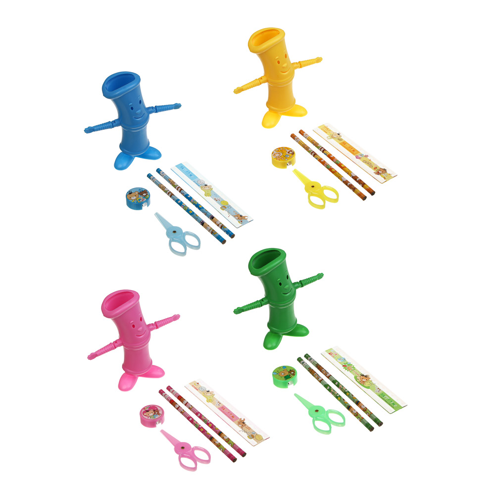 Набор канц.6пр.(подставка с двиг.ручками,карандаш ч/гр 2шт,точилка,ножницы,линейка)уп.29х12х4см,4цв., арт.№ 532-087